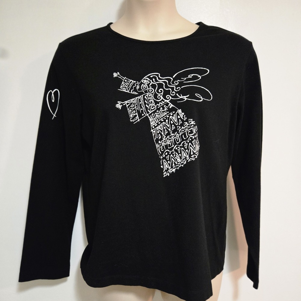 Chicos Size 3 (XL) Rich Inky Black Follow Your Heart Design Angel Shirt LOVE